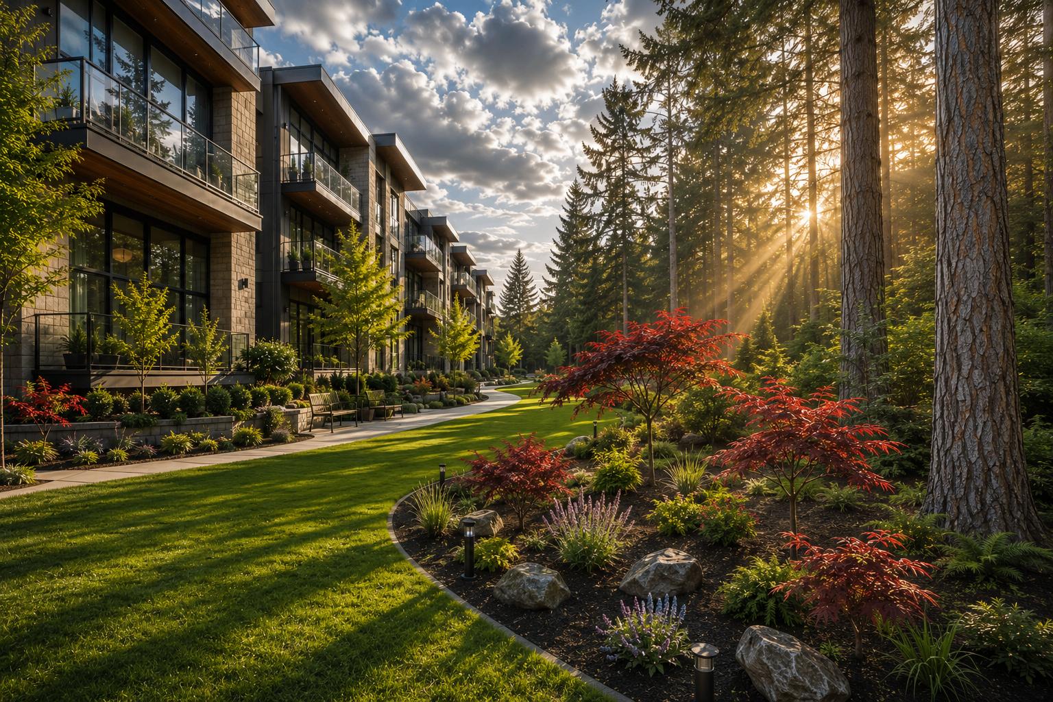 Manicured garden with lush lawn and trimmed hedges